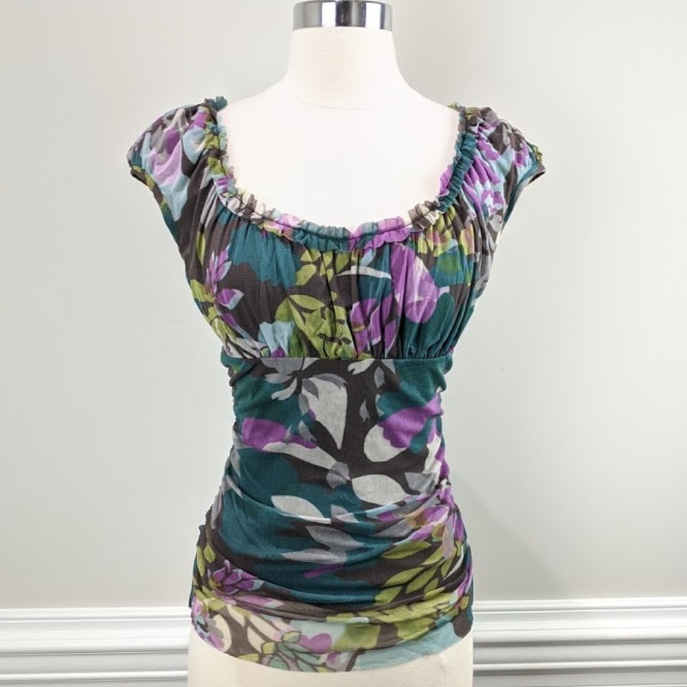 WESTON WEAR Floral Print Mesh Top Teal Brown XS